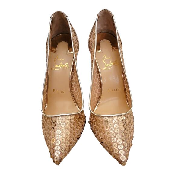 Christian Louboutin Lace 554 Gold Sequin Heels Pointed Toe Glitter Bridal 7 37 - Picture 7 of 13